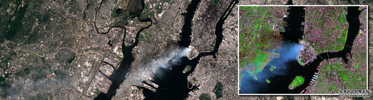 从 Landsat 7 号卫星上看到的 9/11 事件后陆地上空的烟雾。